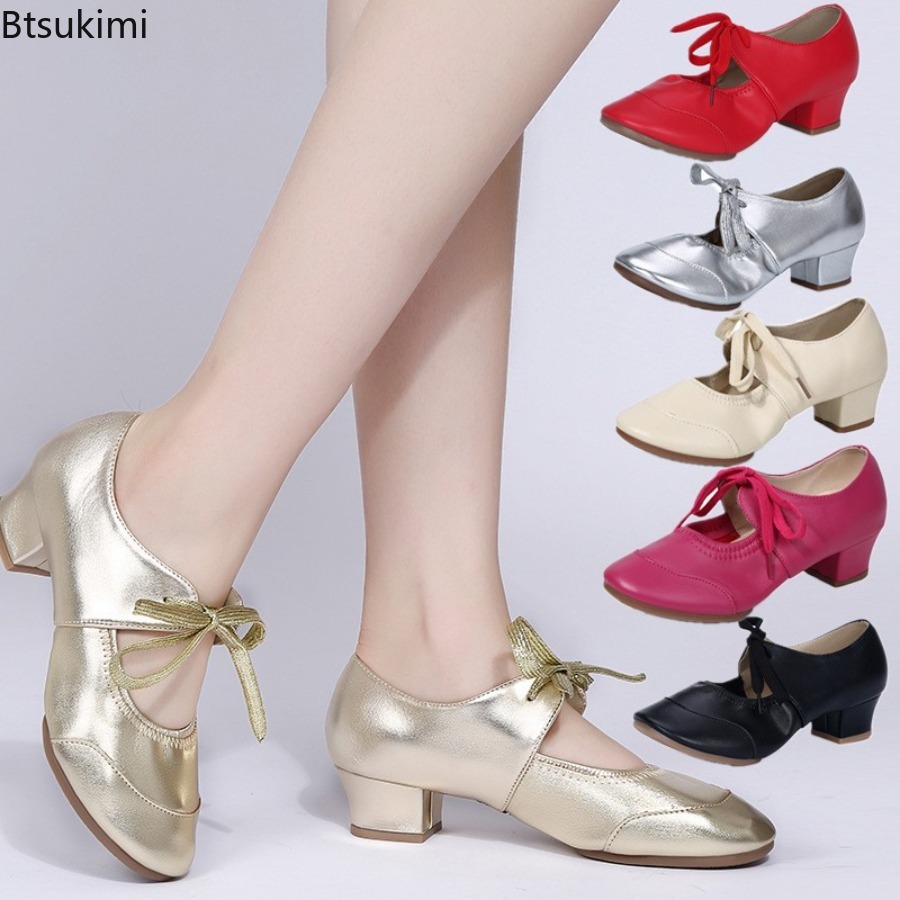 Women 4CM Heels Latin Shoes Soft Sole Ballroom Waltz Modern Jazz Dance Shoes Girls Yoga Trainning Shoes Leather Salsa Sneakers