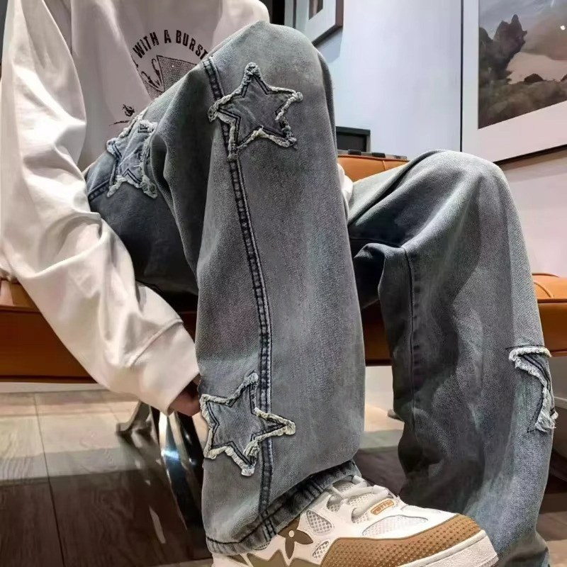 星パッチワーク男性ジーンズ新ファッション Y2K タッセルパンツ韓国服ストレートヒップホップスプライシングズボン男性ストリート