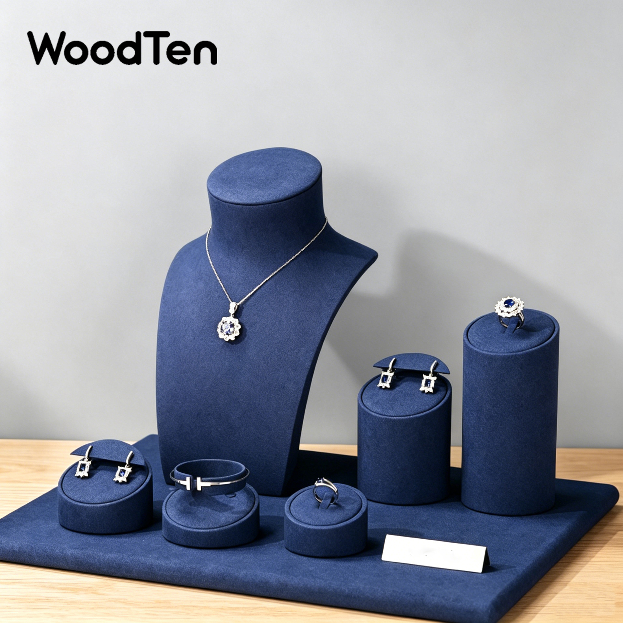 WoodTen ブルー マイクロファイバー ジュエリー ディスプレイ スタンド リング イヤリング ネックレス ブレスレット用 プレミアム ウィンドウ ディスプレイ 小道具