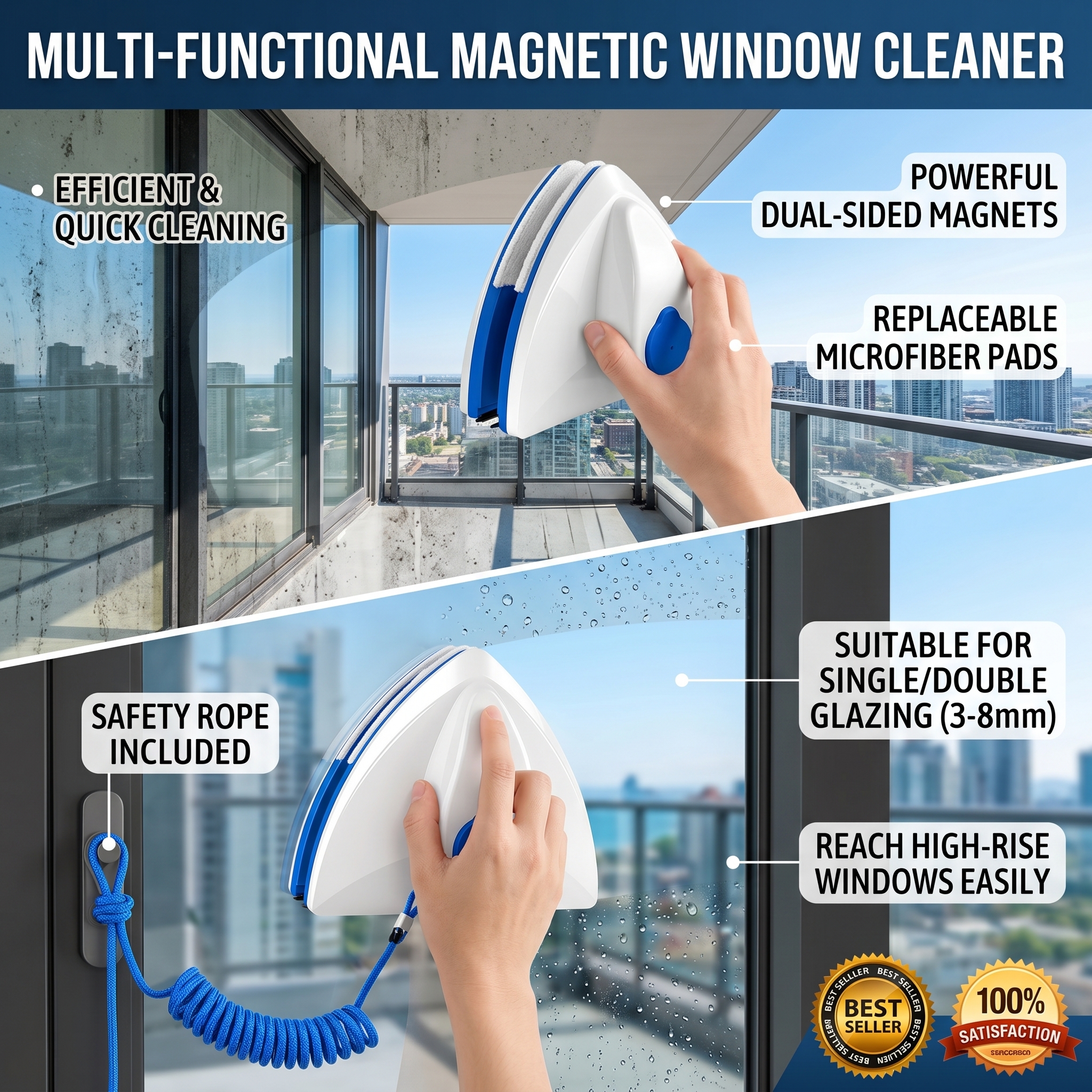 High-Rise Glass Wipe Double-Sided Magnetic Home Use Cleaning Tool Thickened Water Storage Window Dual-Sided Cleaning Glass Wiper