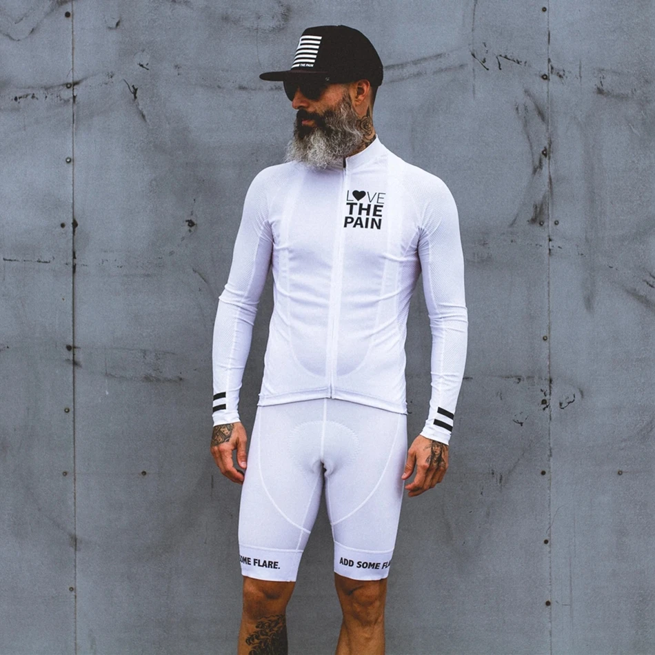 愛を痛み白サイクリングジャージスーツ米国 Ciclismo チーム服 2022 メンズシャツ長袖ビブショーツロードバイクトライスーツ Mtb