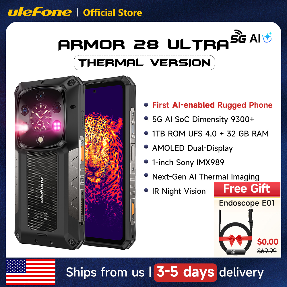 Ulefone Armor 28 Ultra 5G AI サーマルイメージング頑丈な電話 1TB ROM 32GB RAM 寸法 9300 Android AMOLED 6.67" スマートフォン