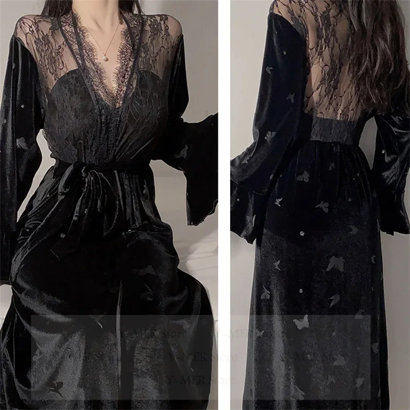 秋冬新ホルター寝間着ベロアローブガウンウェディング Vestidos デノビアナイトウェア女性のセクシーなナイトウェア女性着物