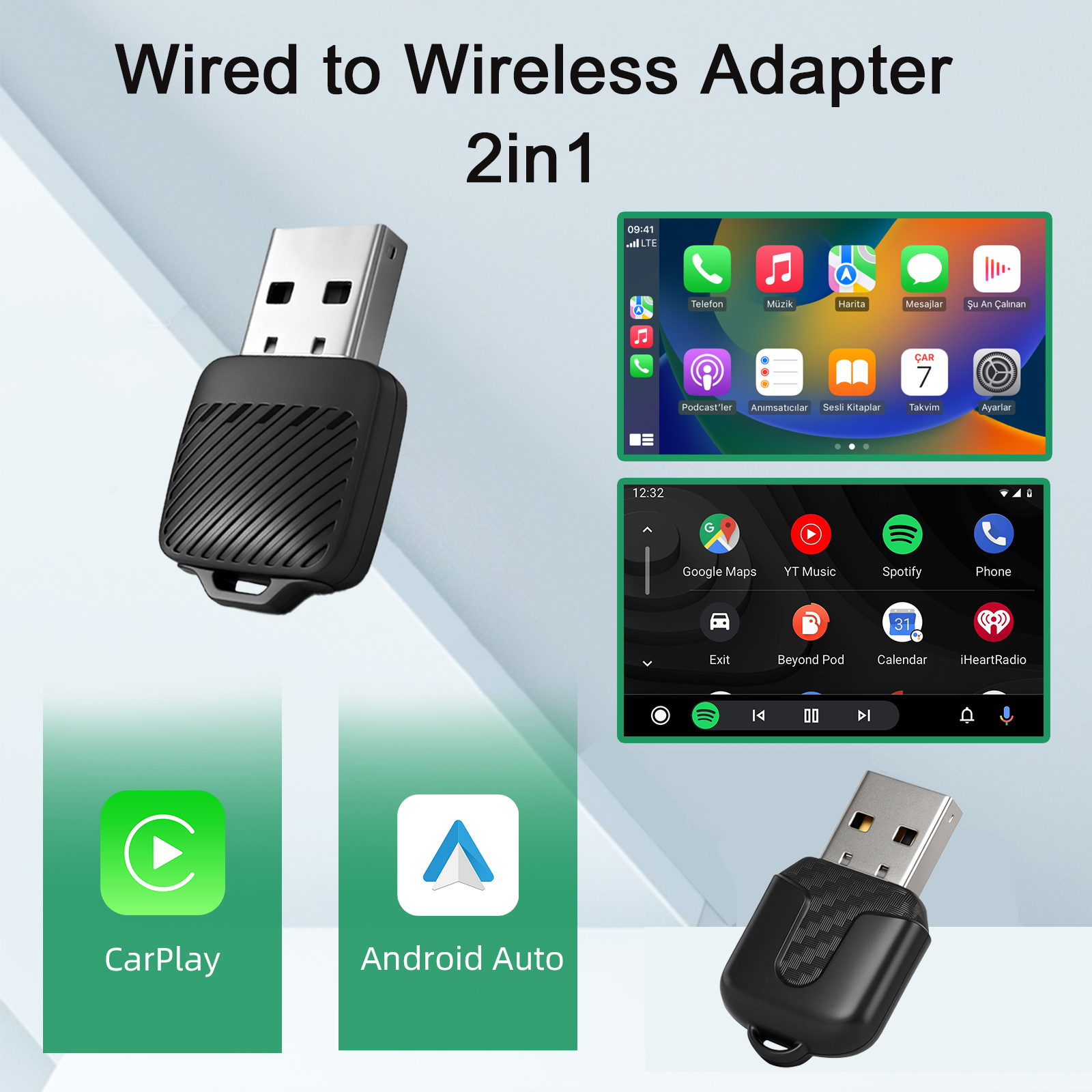 Ezonetronics ワイヤレス CarPlay アンドロイド自動 2in1 アダプター、メルセデスベンツアウディ VW ボルボレクサスジープトヨタホンダビュイック用