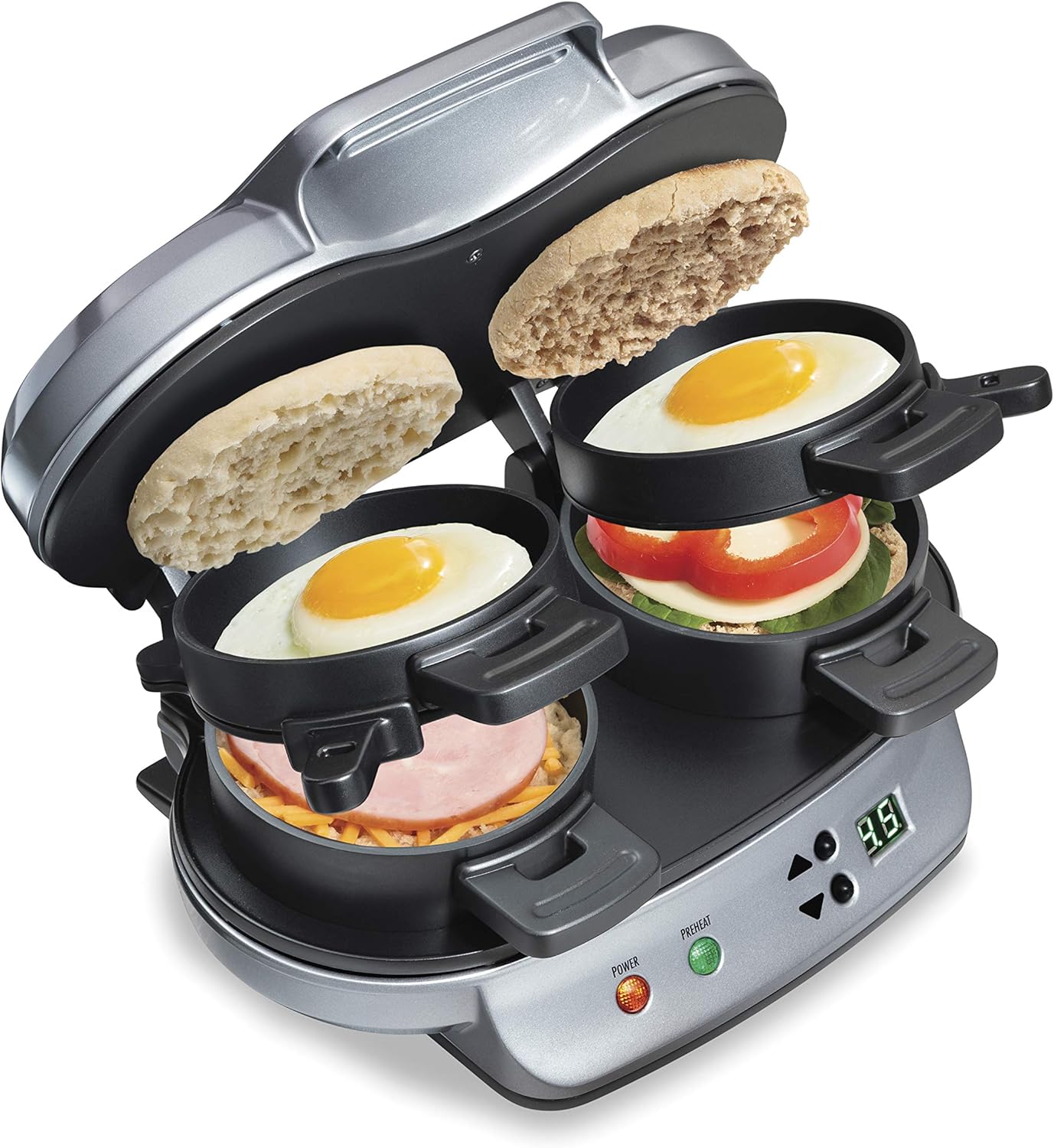 デュアル朝食サンドイッチメーカー、5 分の高速調理、取り外し可能な PFAS フリー食器洗い機対応エッグリング