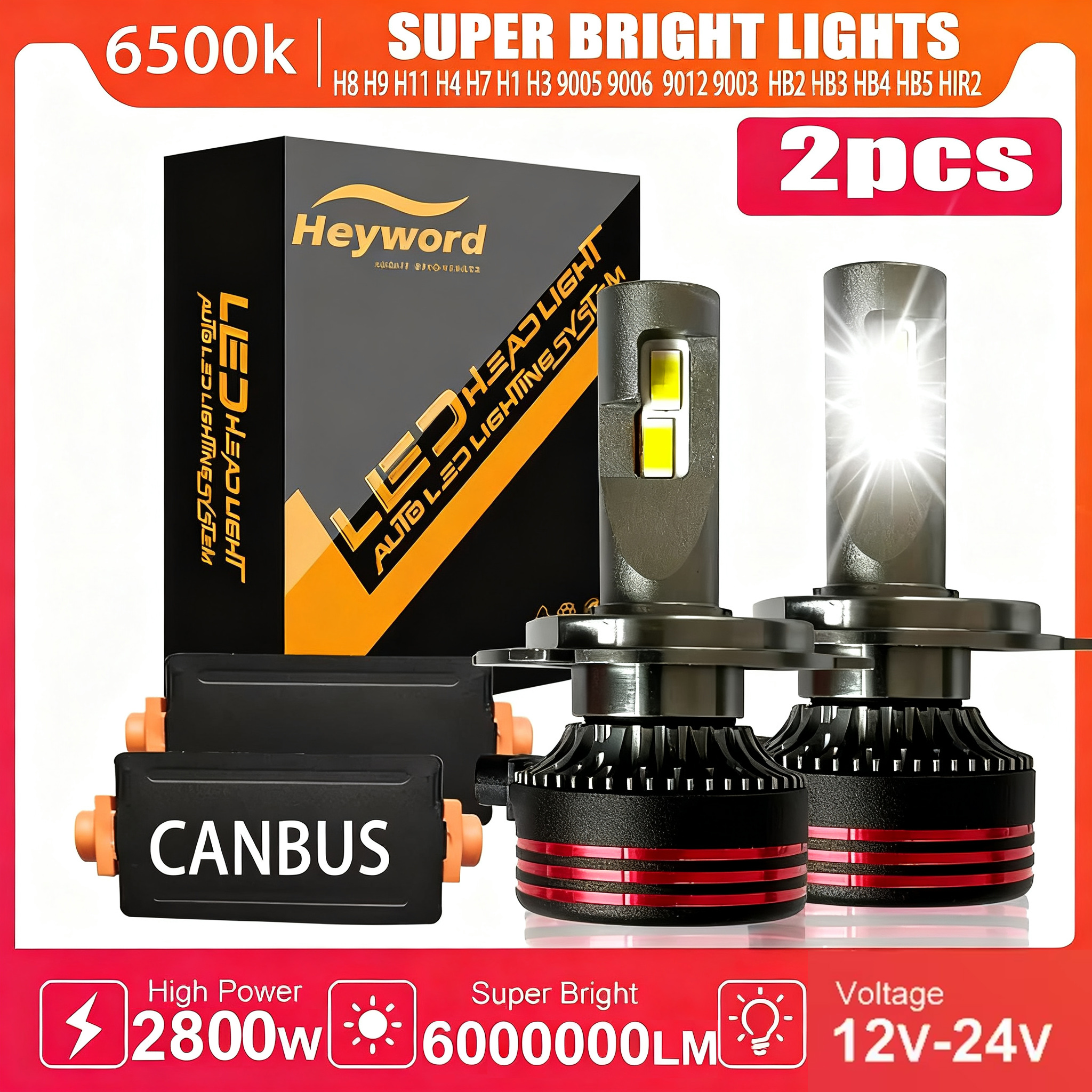 Heyword 2800 ワット 6000000LM プラス H7 H11 H1 H4 Led ヘッドライト電球 6000K LED HB3 HB4 ダブル銅管 LED ライトキット車用 12V 2 個