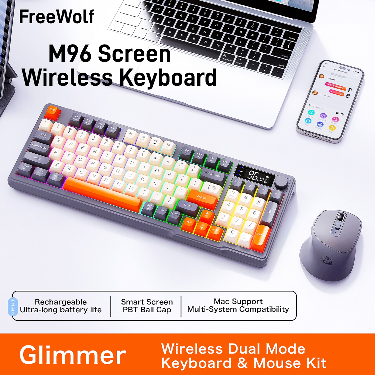 M96 スクリーンワイヤレスキーボードマウスキット ZIYOULANG Bluetooth キーボードマウスゲーム、電子スクリーン、マルチデバイス接続