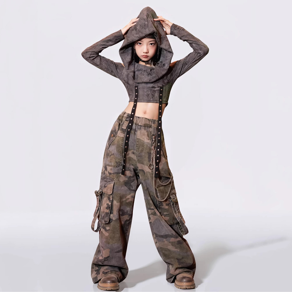 女の子ジャズダンスパフォーマンス服中空グレートップス迷彩カーゴパンツ子供ヒップホップストリートダンス衣装