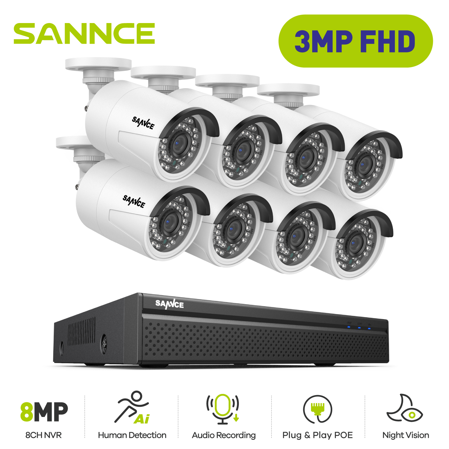SANNCE 8CH POE 3MP カメラ CCTV セキュリティシステム 4/6/8 個屋外 IP カメラ IR マイクオーディオ記録ビデオ監視キット付き