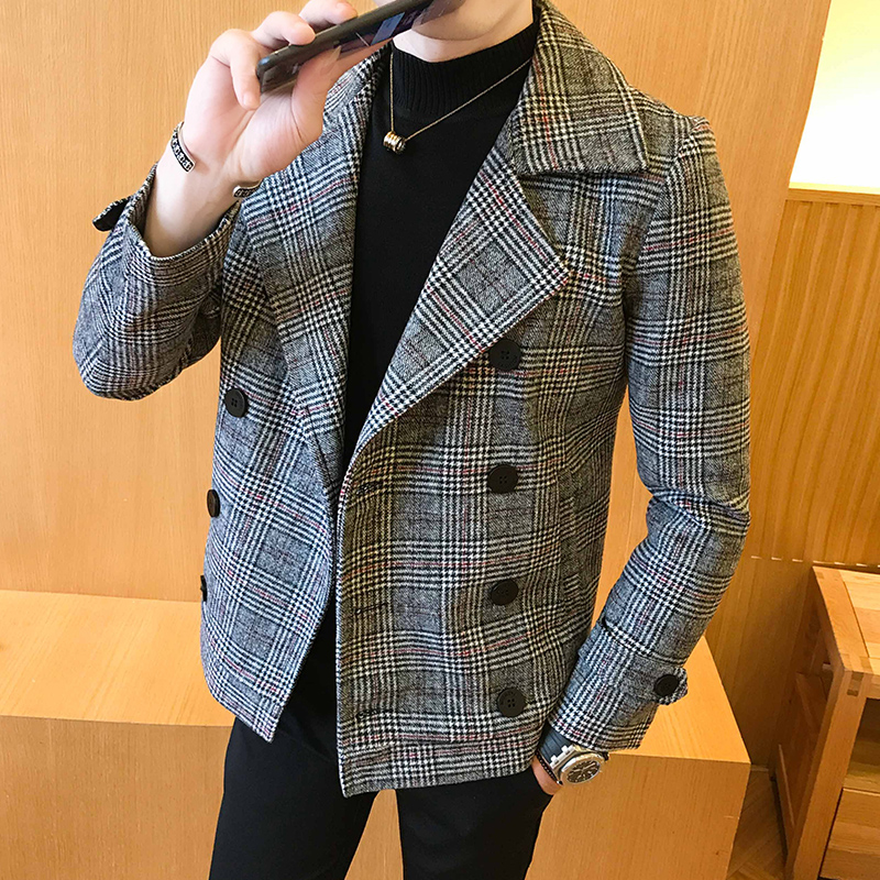 2022 新ダブルブレストトレンチコート Veste オムファッションレトロタータンチェックジャケット秋と冬のメンズスリムショートウールコート