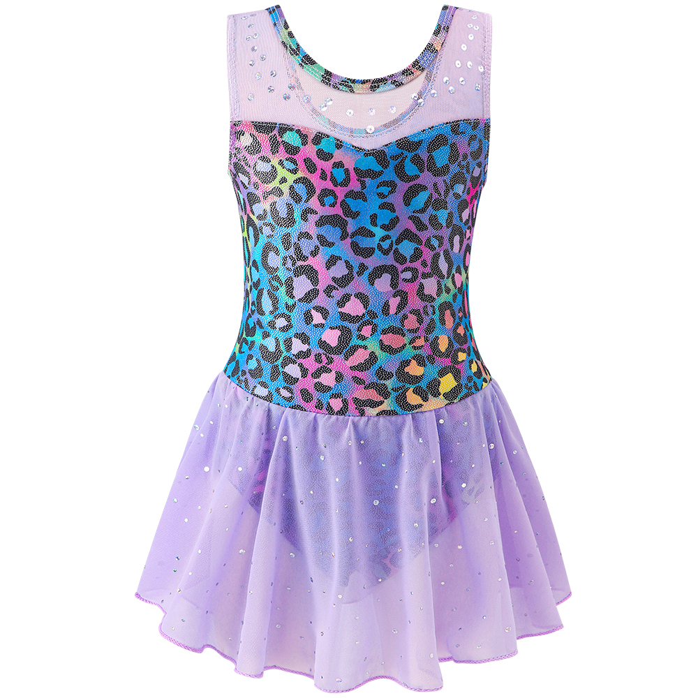 女の子 ワンピース ヒョウ柄 ダンス ドレス 子供 キラキラ バレエ レオタード ノースリーブ メッシュ 体操服 バレリーナ コスチューム