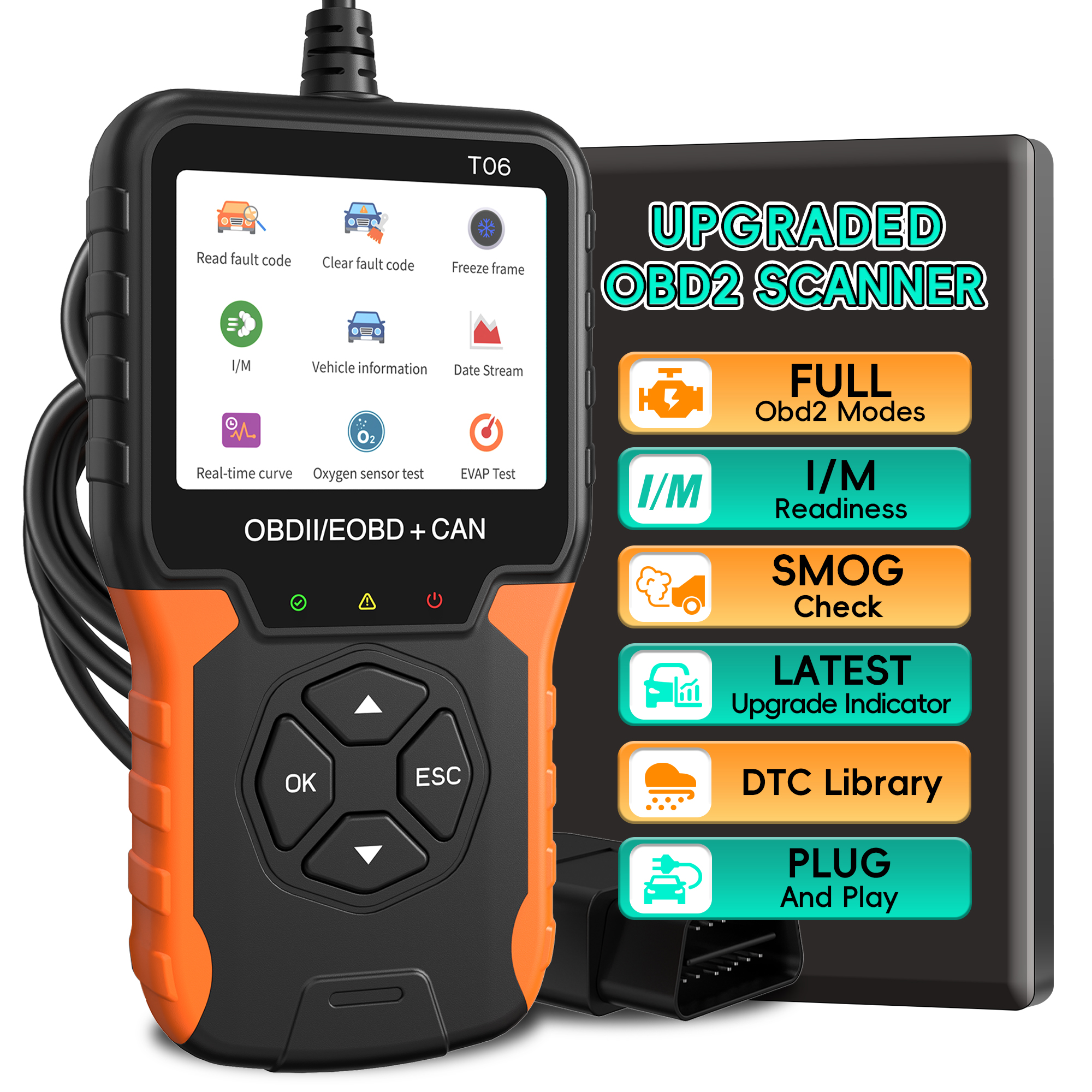 OBD2スキャナー診断ツール、チェックエンジンライトカーコードリーダー（リセット機能付き）、ライブデータ、フリーズフレーム、I/M準備完了