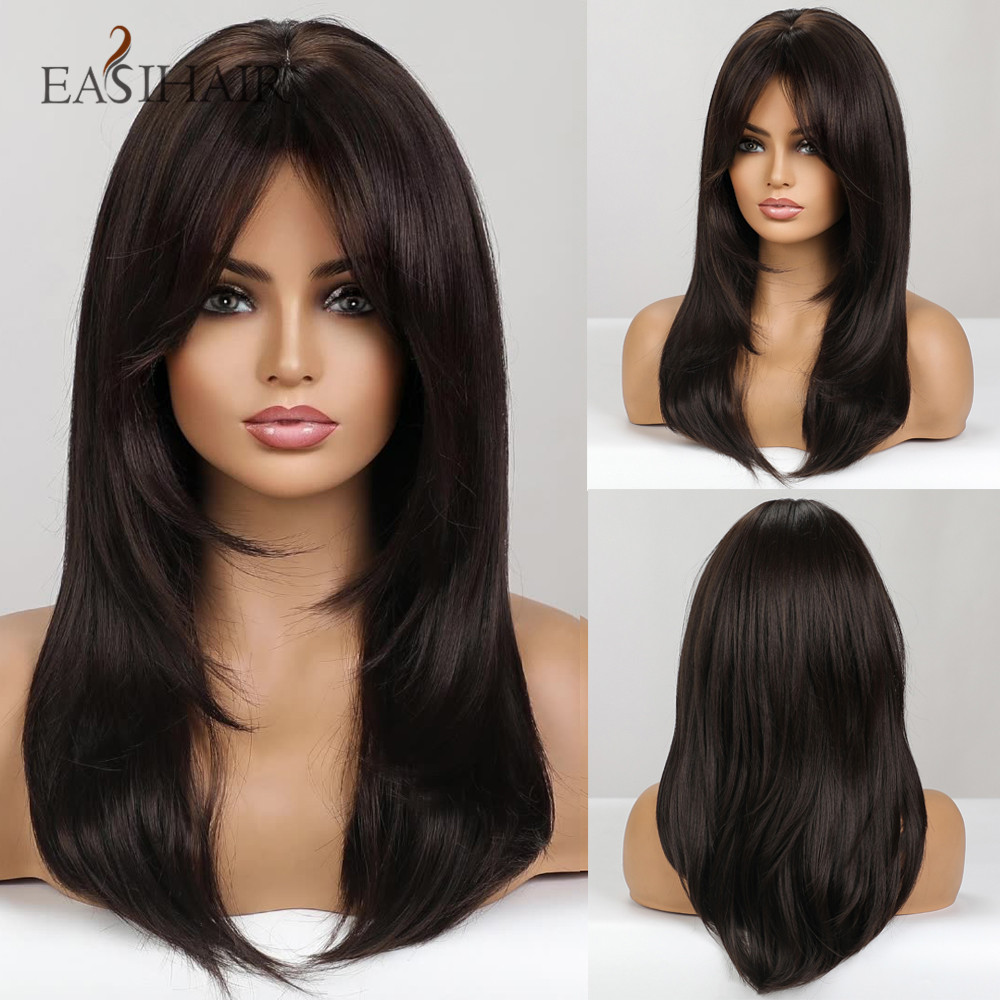 EASIHAIR ダークブラウンブラック合成かつら前髪ミディアムストレートレイヤード自然な髪女性のための日常コスプレ耐熱
