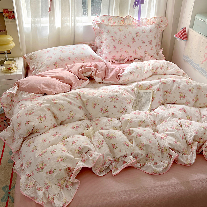Ruffles Bedding Set Floral Style Duvet Cover Pillowcase with Bedsheet Skin-friendly Bed Linen Set Girls Room Bedclothes 이불세트