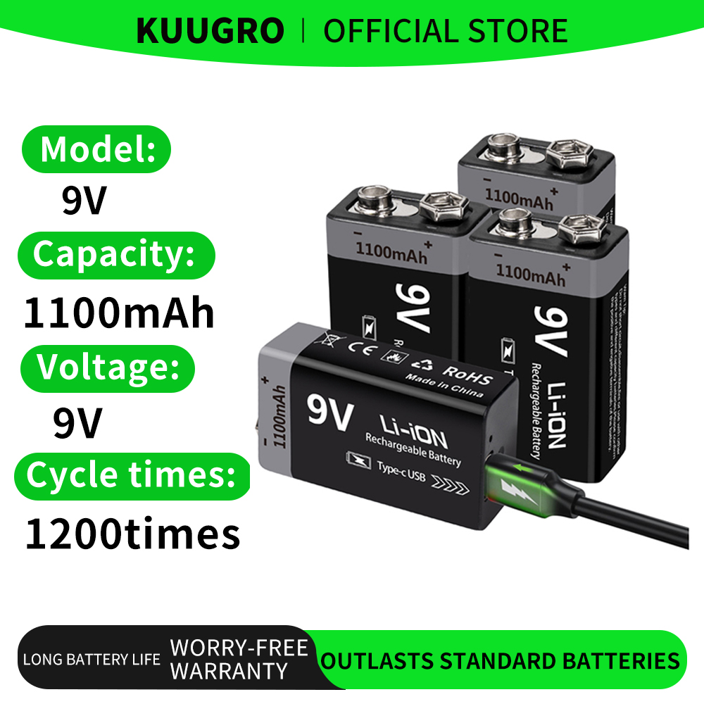 Kuugro USB 9V 充電式バッテリー 1100mAh Type-C 充電式 6F22 9V リチウムイオンバッテリー RC ヘリコプターモデルマルチメーターおもちゃ用