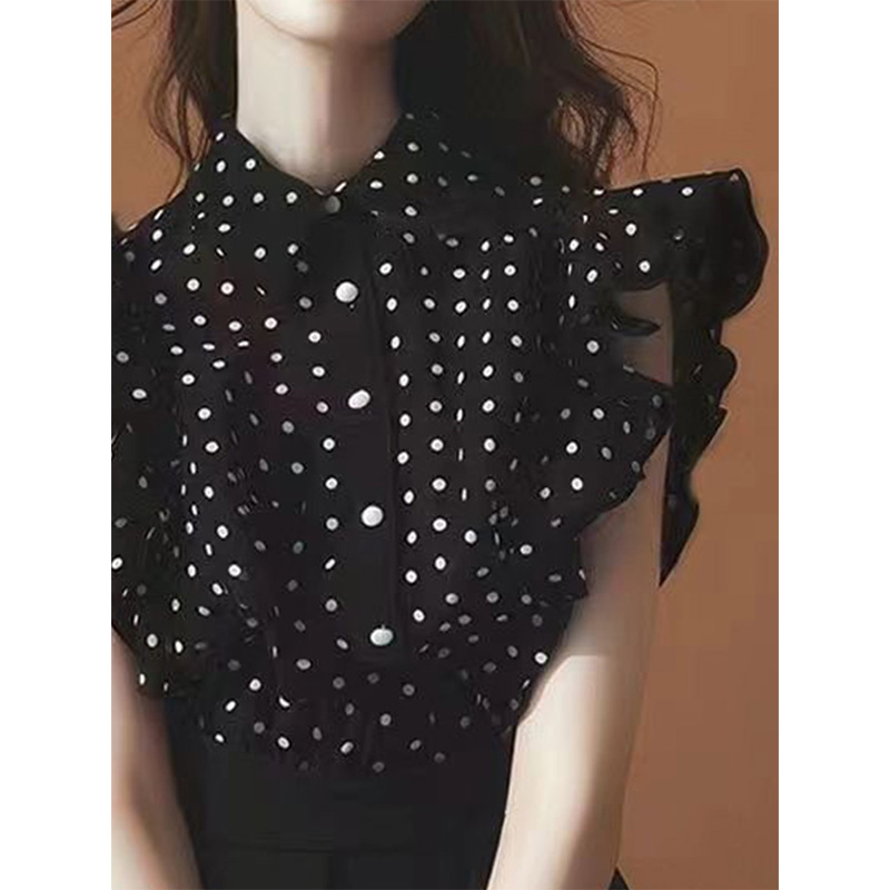 黒水玉ノースリーブシフォンシャツ女性の夏のファッショナブルな美しいトップス妖精のようなフライングスリーブ半袖シャツ