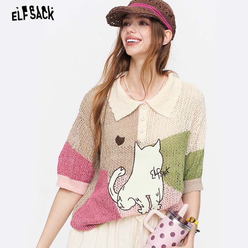 ELFSACK 猫プリントパッチワークニットポロシャツ、カラーブロック半袖中空ニットトップス、かわいいカジュアルサマーブラウス