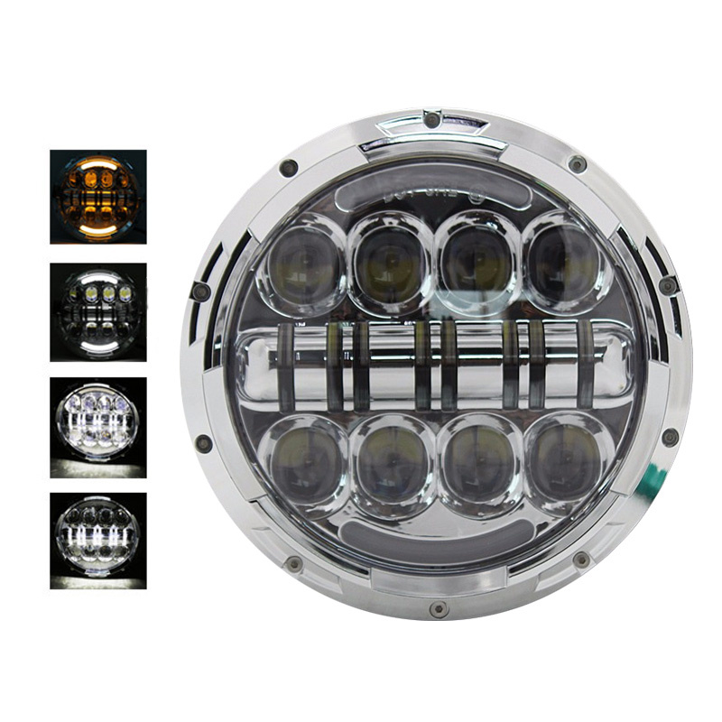 FADUIES クローム 7 インチラウンドヘッドライト LED 80 ワットアンバー信号ハローアングルアイ H4 から H13 アダプターハーレーオートバイ用
