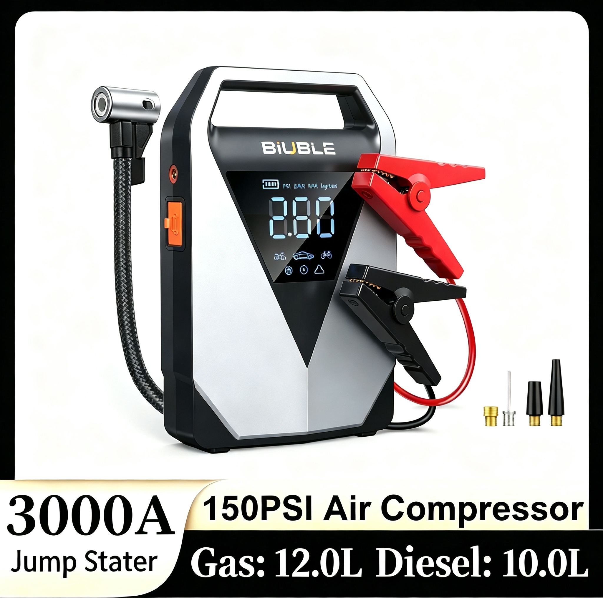 4 で 1 車のジャンプスターターエアポンプ 150PSI エアコンプレッサータイヤポンプ 12000mAh バッテリーブースターパック 3000A 車のブースター始動装置