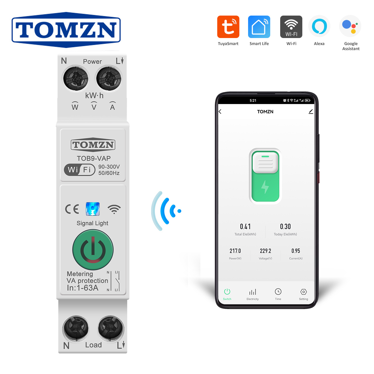 TOMZN 63A TUYA WiFi MCB スマートサーキットブレーカー過電流不足電圧プロテクター電力測定ワイヤレスリモートコントロールスイッチ