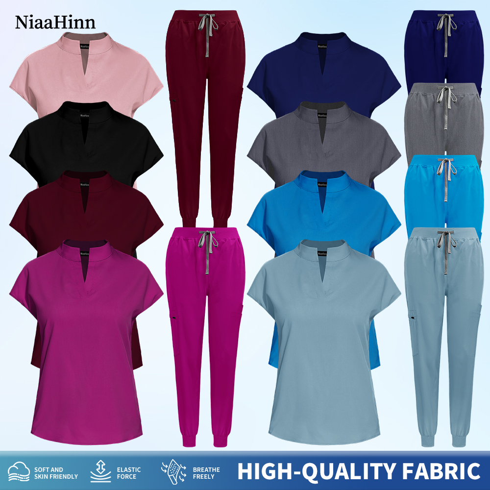 Niaahinn ストレッチ作業服女性美容スパ制服医療ナーススクラブセットドクタートップスパンツ手術スーツナースアクセサリー