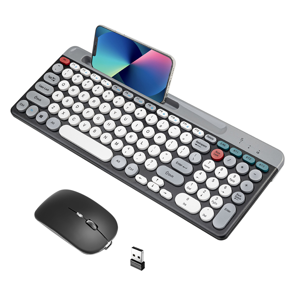 デュアルモードワイヤレスキーボードとマウスセットヴィンテージパンクスタイルラウンドキーキャップ充電式ラップトップタブレットとデスクトップに適しています