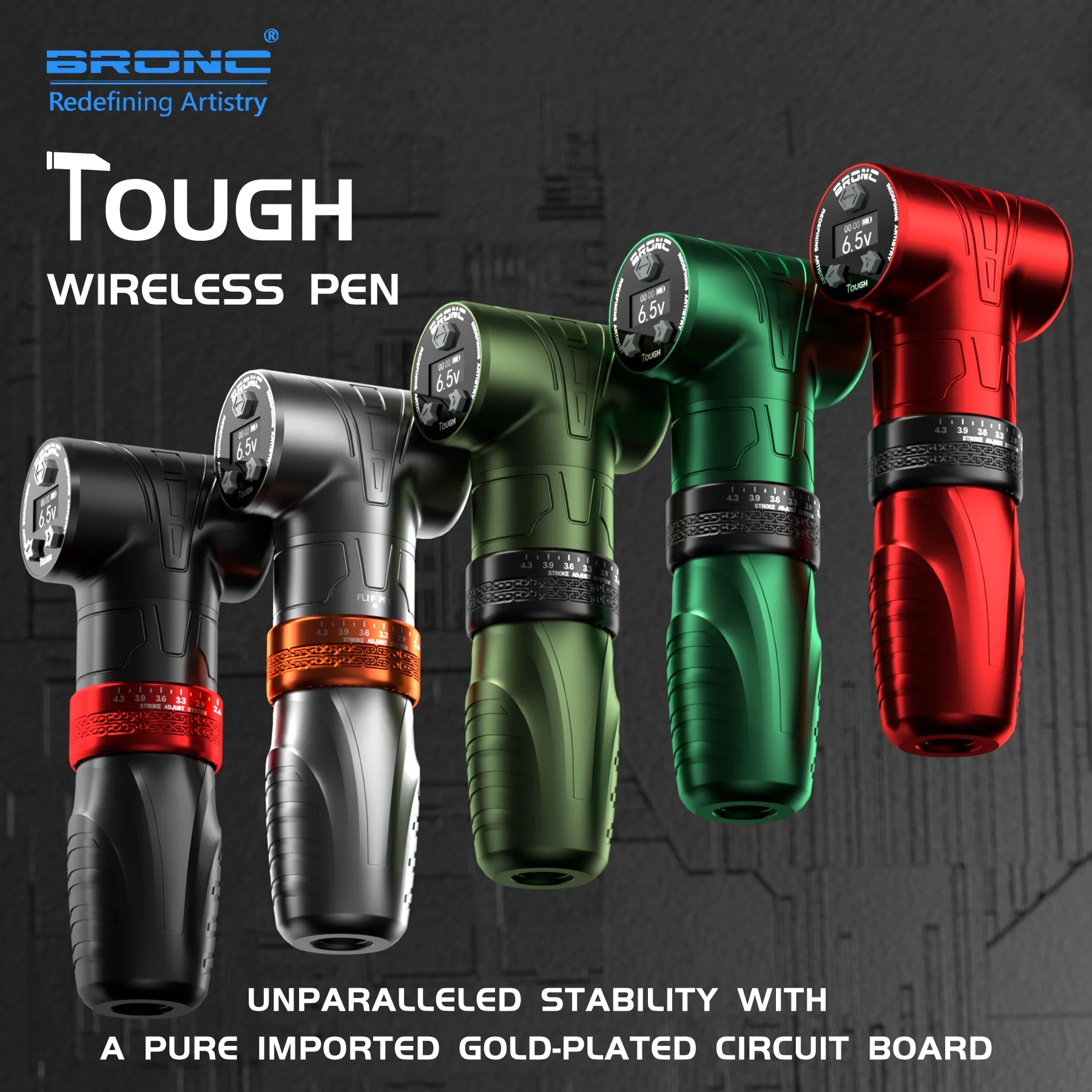 BRONC TOUGH Wireless Tattoo Machine Pen 2.6-4.3mm Stroke Swiss DC Motor Tattoo Gun Direct Drive 2100mAh OLED Display Battery Pen
