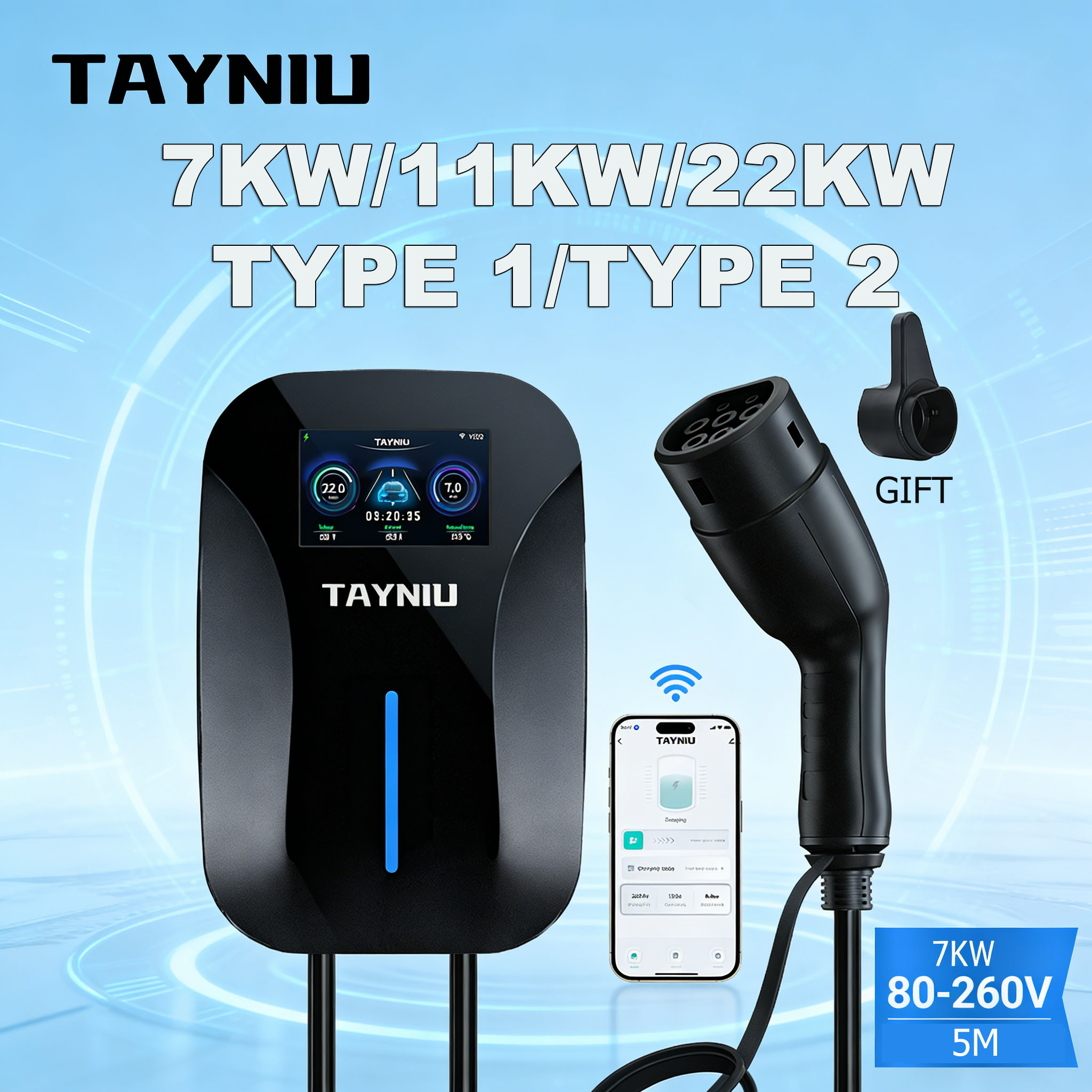TAYNIU スマート ウォールボックス EV 充電器 7KW 22KW タイプ 1