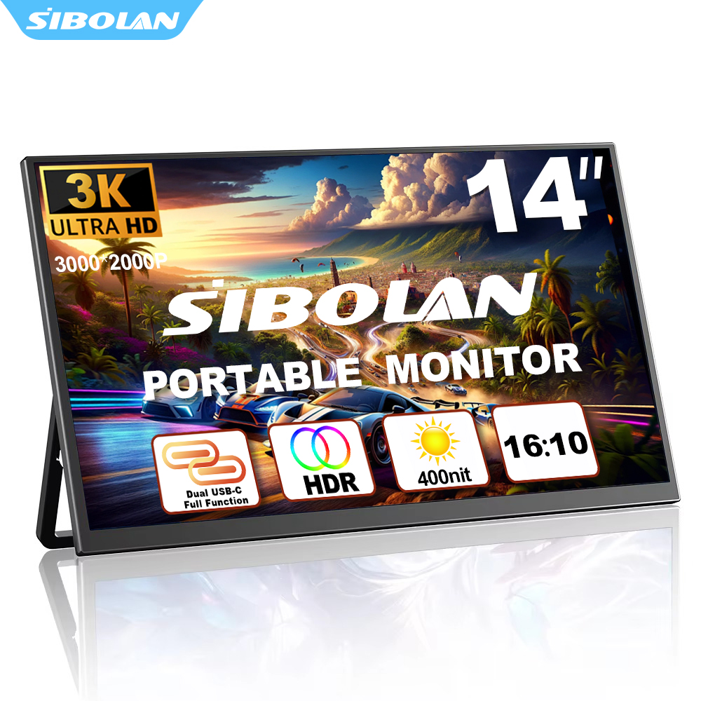 SIBOLAN 14" 3K Portable Monitor HDR 16:10 3000*2000P UHD 400nit Gaming Screen TYPE-C HDMI for Laptop XBox PS4 / 5 Switch Phone