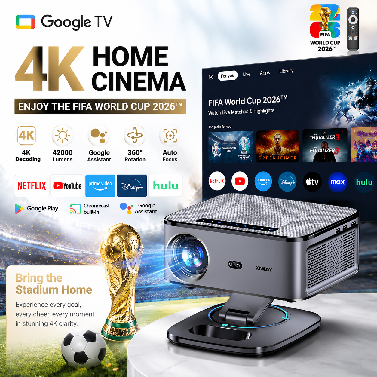XIWBSY 2026 ポータブル 4K UHD プロジェクター 42000 ルーメン映画 Google TV プロジェクター BT5.4 WiFi6 Android TV 14.0 スマートホームプロジェクター