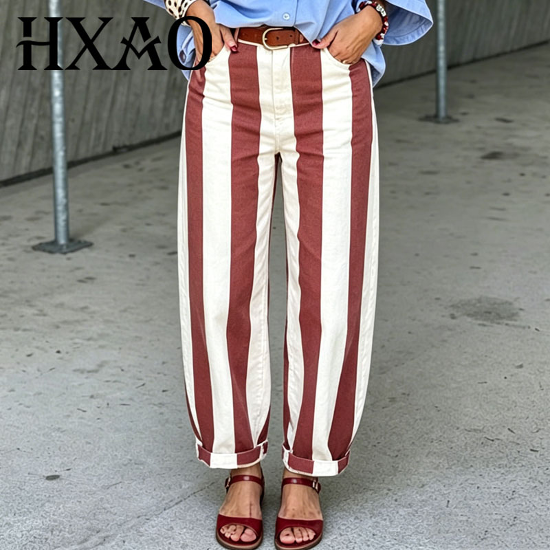 HXAO デニムストライプパンツ女性のハイウエストジーンズヴィンテージ赤白ワイドレッグ長ズボンだぶだぶカジュアルストリートボトムス