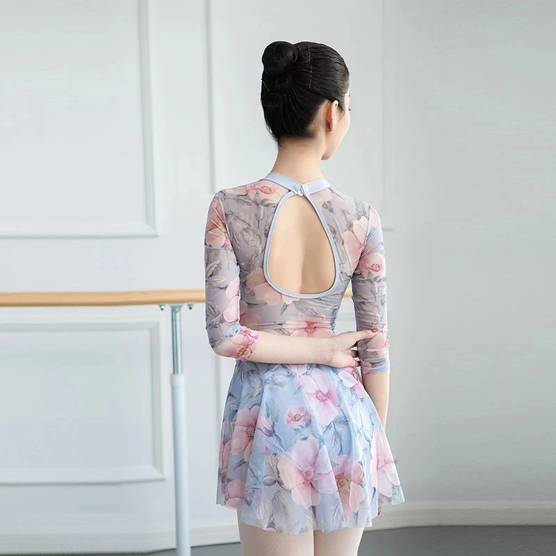 3/4 スリーブレオタードダンスウェアかわいい女の子プリント柄ハイカラー体操レオタード女の子のためのプロフェッショナルバレエドレス