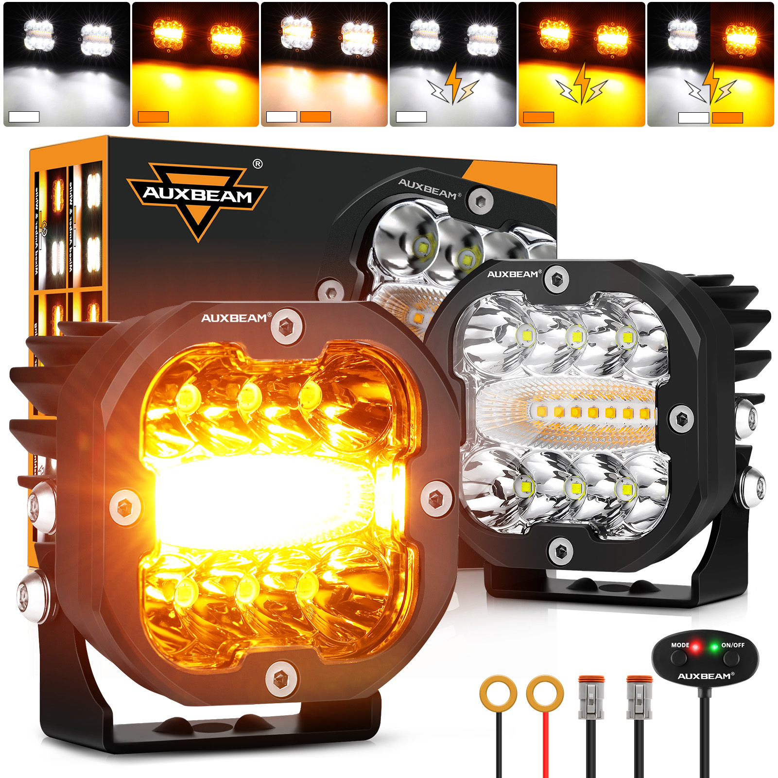 Auxbeam 3 インチ 96W スクエア LED ワークライト アンバー ホワイト 6 モード ドライビング ライト ハーネス付き トラック ピックアップ オフロード用