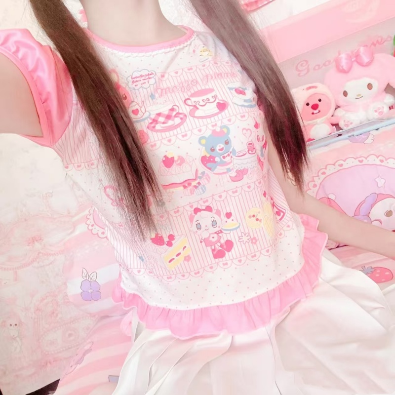 日本の女の子の女性の服かわいいプリントショート Tシャツ女性の夏のカラフルなショートトップスかわいい Pulover 若々しい y2k 服