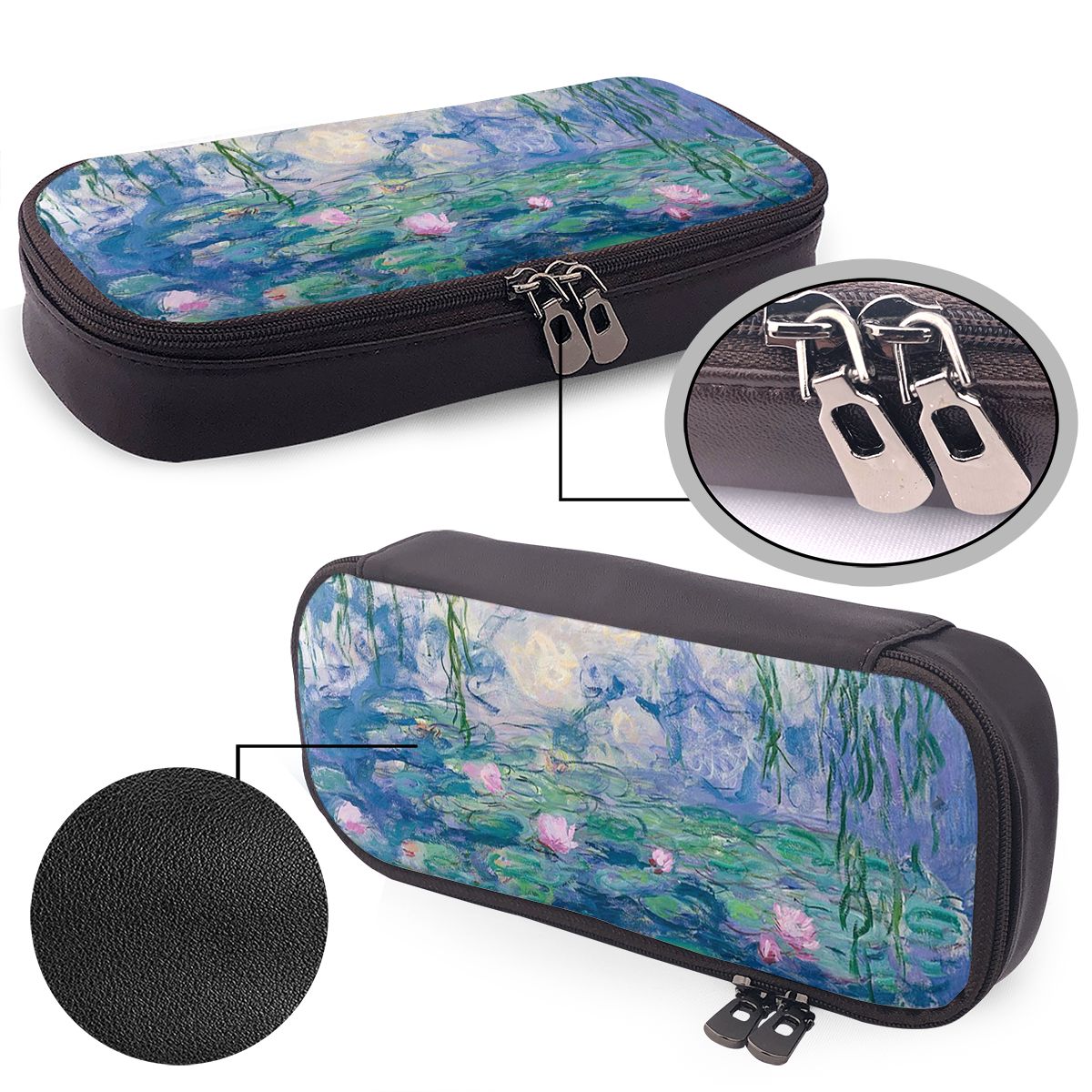 睡蓮 クロード・モネ 美術品 レザーペンケース 学生用学校用ペンボックス ペンケース 文房具 ペンホルダーバッグ
