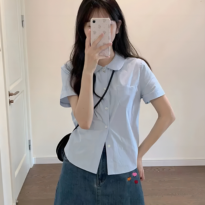 Xpqbb ブルー半袖シャツ女性の夏のカジュアルオールマッチターンダウンカラーブラウス女性プレッピースタイル学生クロップシャツ