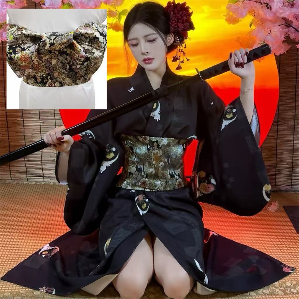 クラシックダークブラック着物女性の伝統的な和服ヴィンテージ浴衣ゴールド織帯セットハロウィンコスプレ衣装