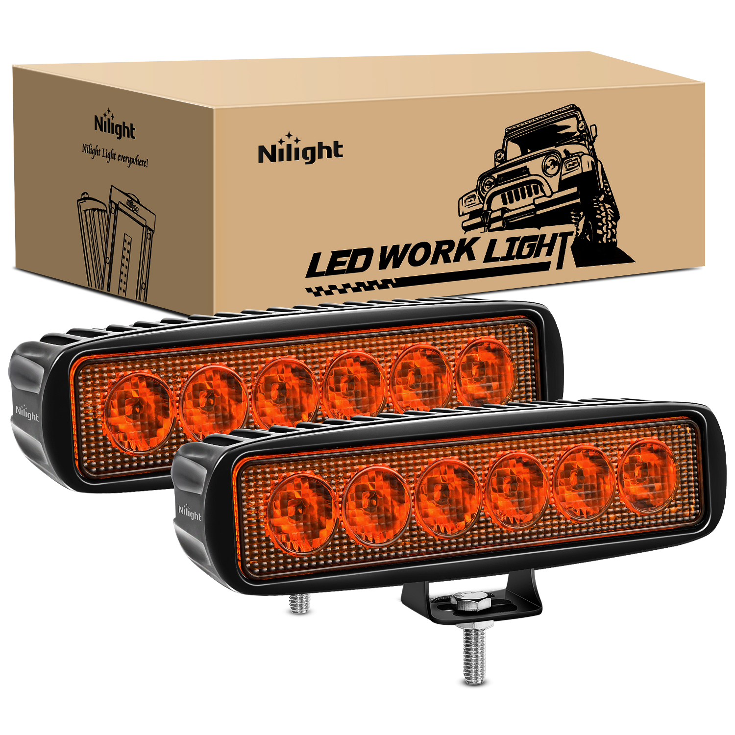 Nilight 6 インチ アンバー LED ライトバー 2 個 18W スポットドライビングフォグ 1 列オフロードボートライト ドライビングバンパーリバース照明 トラック SUV ATV UTV ゴルフカート用