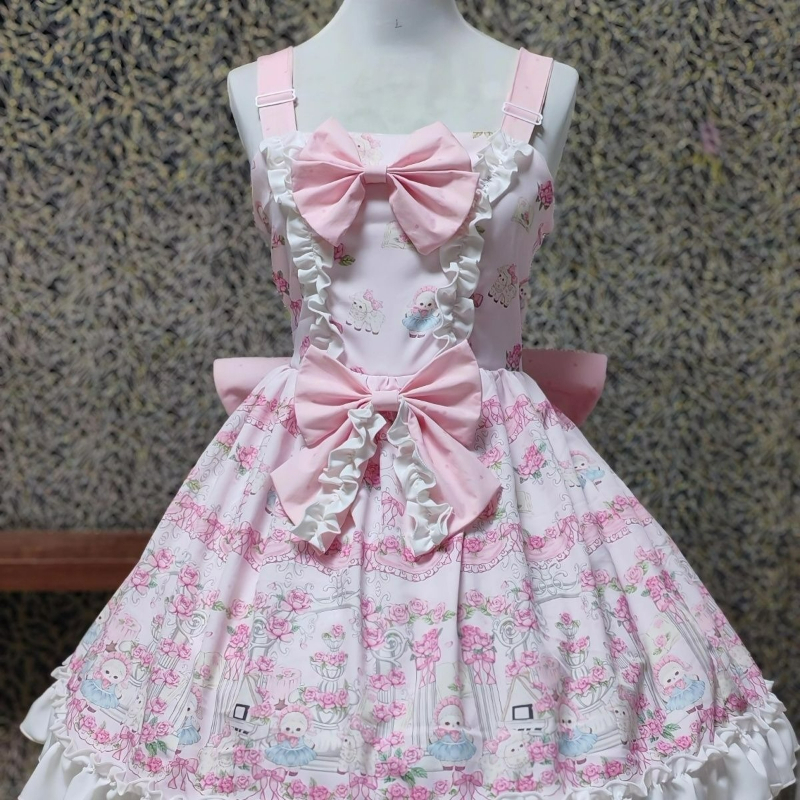 日本のかわいいロリータ Jsk ドレス女性甘いかわいい弓フリル漫画プリントストラップパーティーミニドレスゴシック Y2k ノースリーブドレス