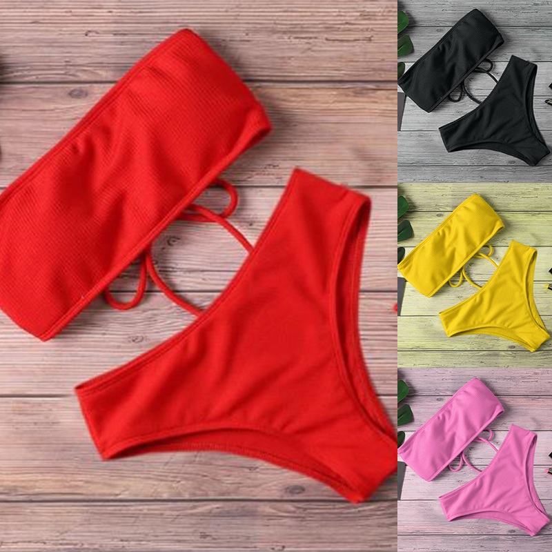 新しいビキニハイウエストストラップレスセクシーなビキニ女性水着女性のファッション水着パッド入り水着モノキン純粋な色