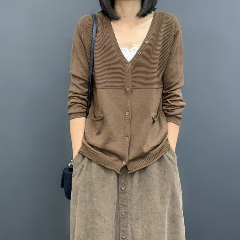 女性セーターカーディガンニットカーディガン女性の春と秋ルーズ V ネックアウター長袖トップ女性のセーターコート