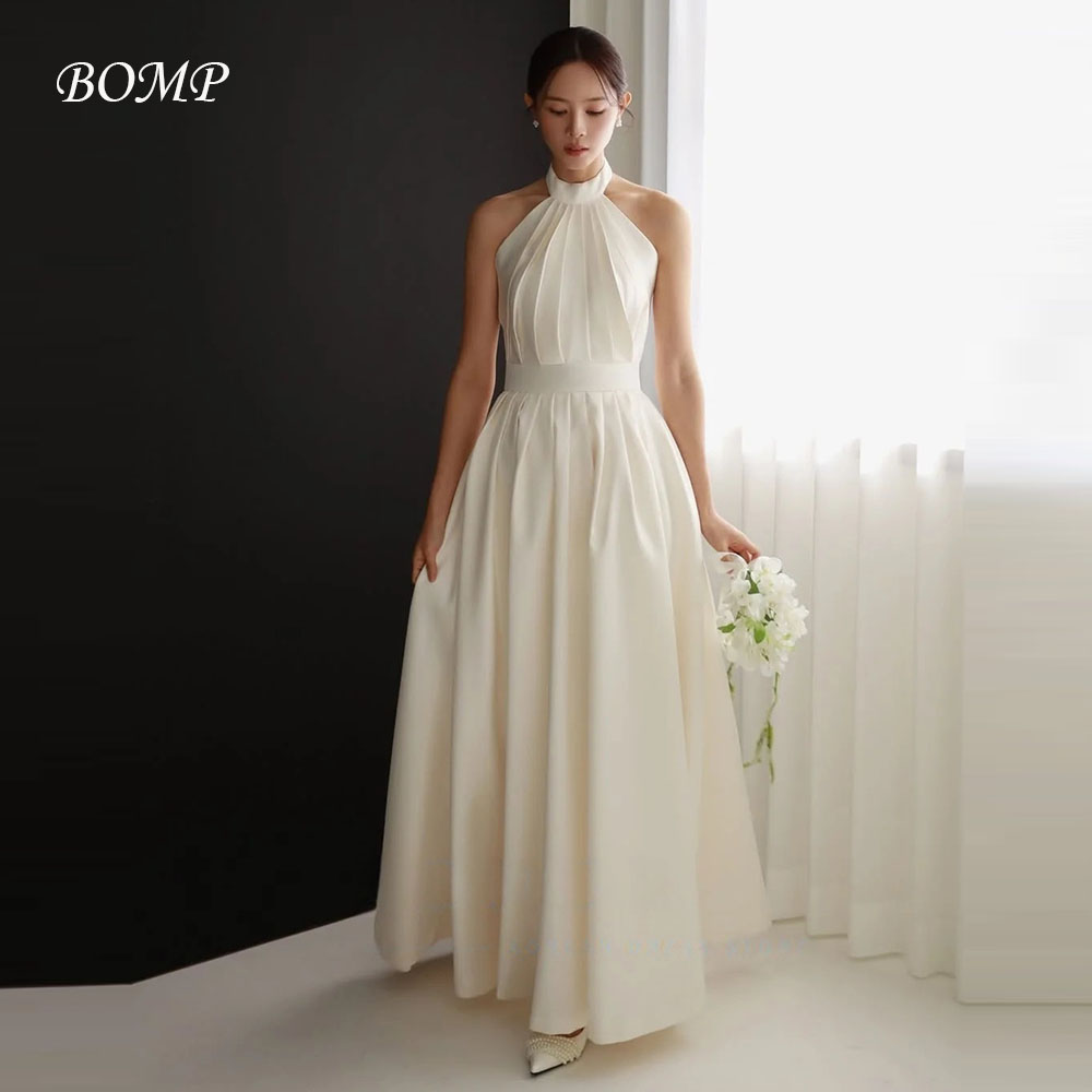 BOMP エレガントなホルター背中の開いたイブニングドレス韓国の結婚式の写真撮影床の長さのアイボリープリーツパーティーイベントドレスカスタマイズ