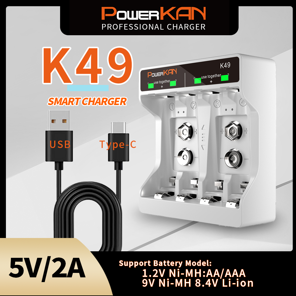 POWERKAN K49 コンパクトデザインのバッテリー充電器、LED ディスプレイ付き、1.2V No.5/7 AA AAA 9V リチウムイオン電池用