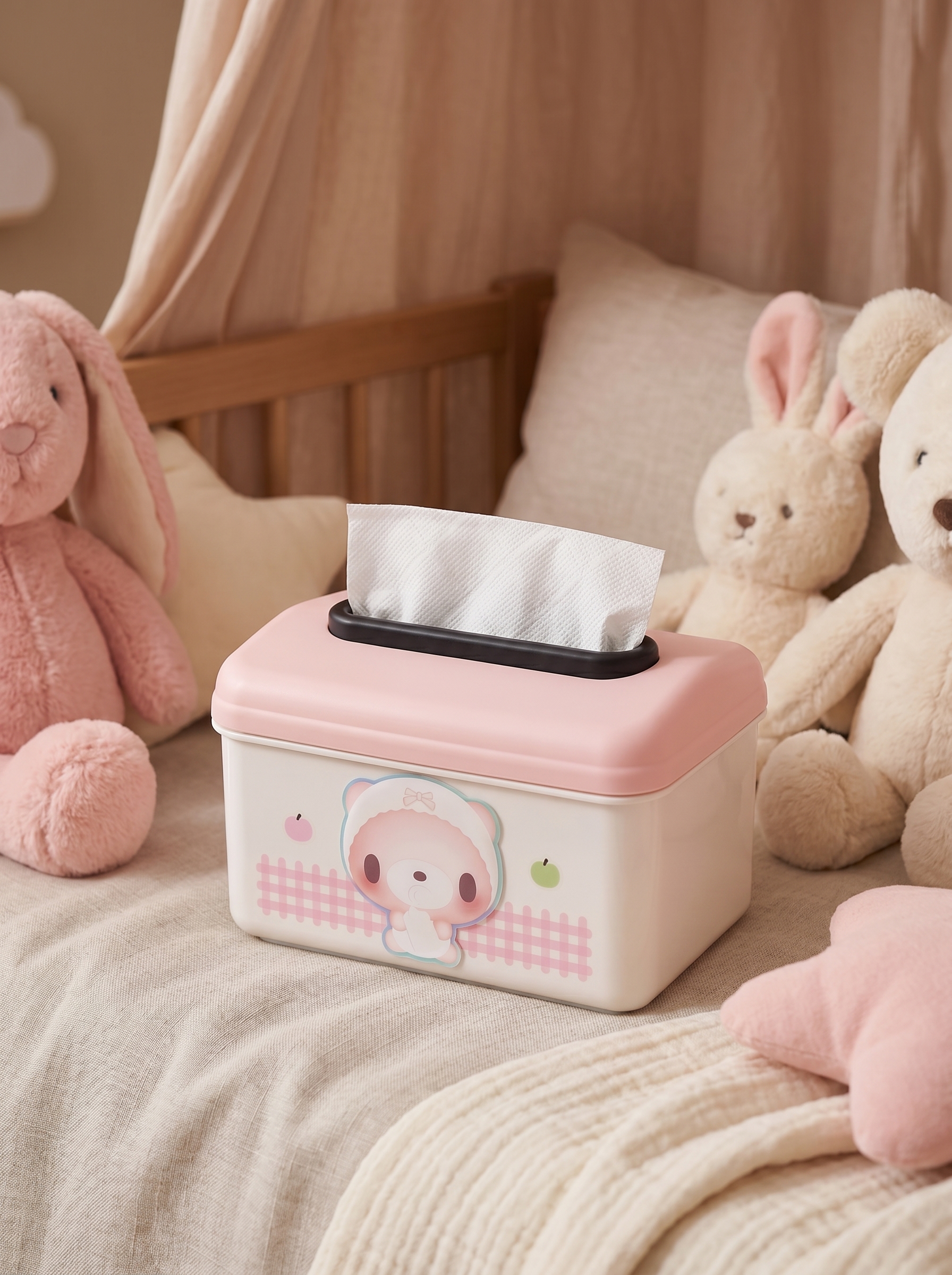 かわいいクマのティッシュボックス スプリングホルダー付き かわいいピンクホワイト ウェットワイプディスペンサー 防水デスクトップ収納ケース ホームオフィス用