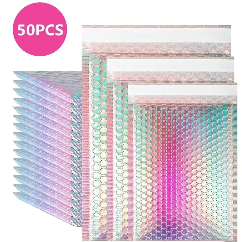 50個入り 配送用梱包材 ローズゴールド ホログラフィック 小規模ビジネス用品 金属製バブル封筒 郵送用 オフィス 学校
