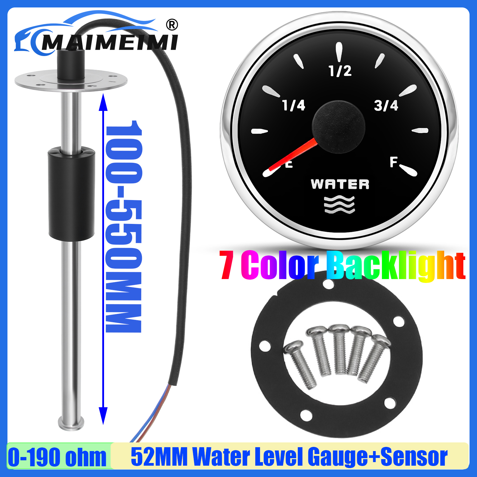 0-190Ohm Water Level Sensor 52mm Water Level Gauge with 7 Color LED Water Tank Meter Indicator for Marine Yacht Boat Car 12V24V