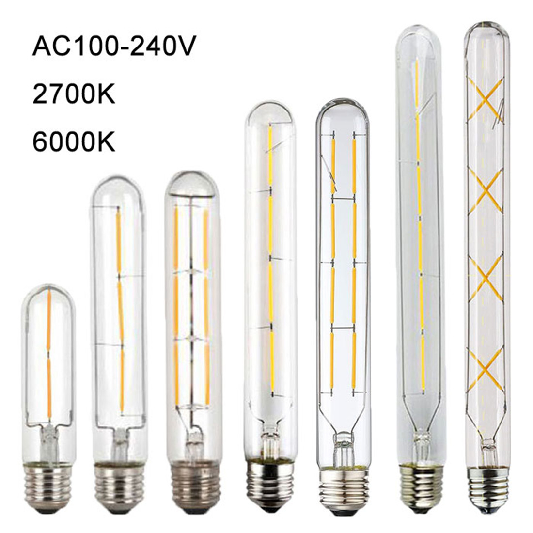 100-240V 6000K LED フィラメント電球 110V 120V 6500K 管状エジソン電球 T10 T185 T225 T30 T300 ロングチューブ 4 ワット 6 ワット 8 ワット LED 電球