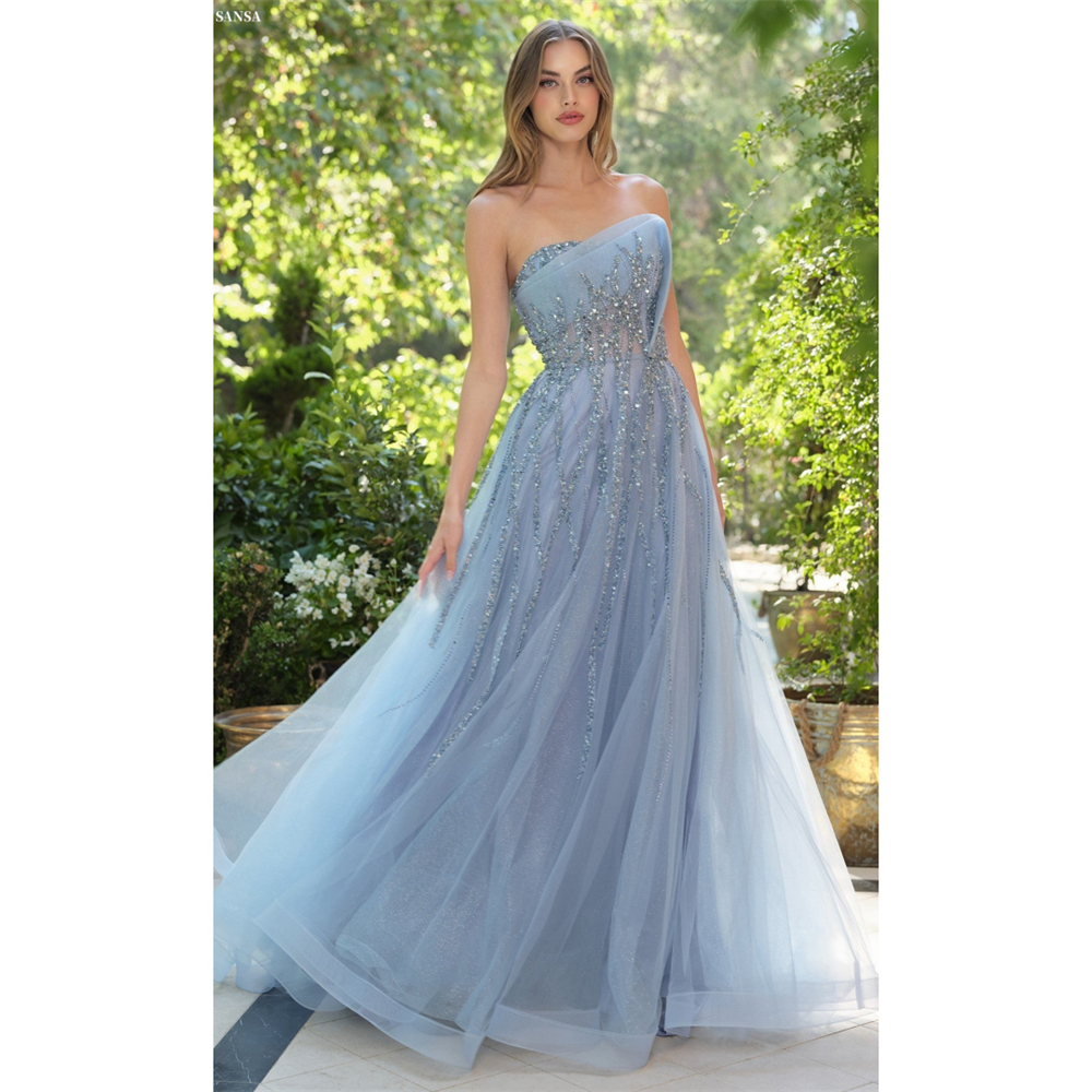 Sansa カスタマイズされた光沢のあるスパンコール A ラインベビーブルーストラップレスウエディングドレスノースリーブ Vestidos De Noche マキシレングスフォーマルイブニングドレス