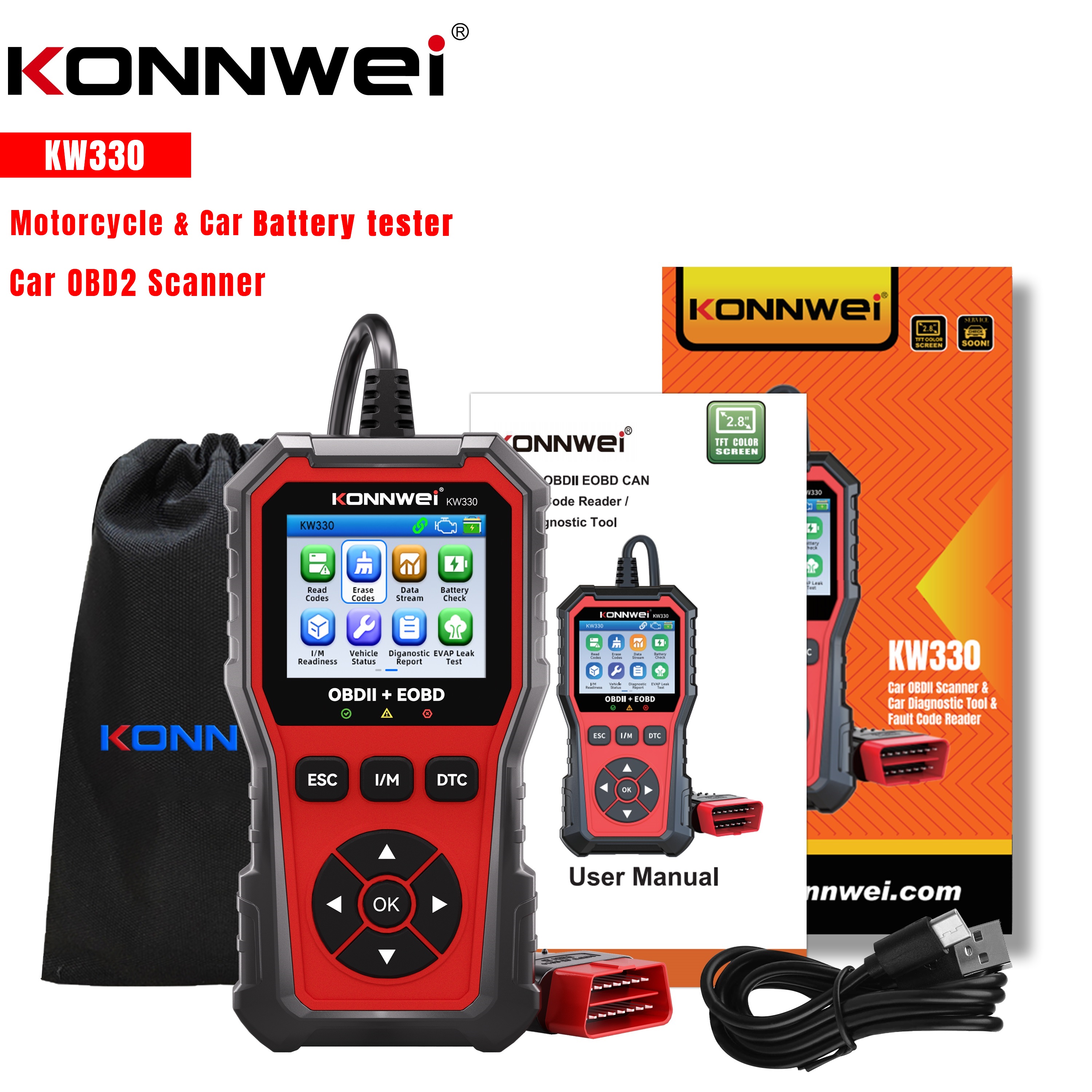 KONNWEI 2026 KW330 OBD2 故障コードスキャナーエンジンバッテリーテスト用プロ仕様車診断ツールリアルタイムデータ検査