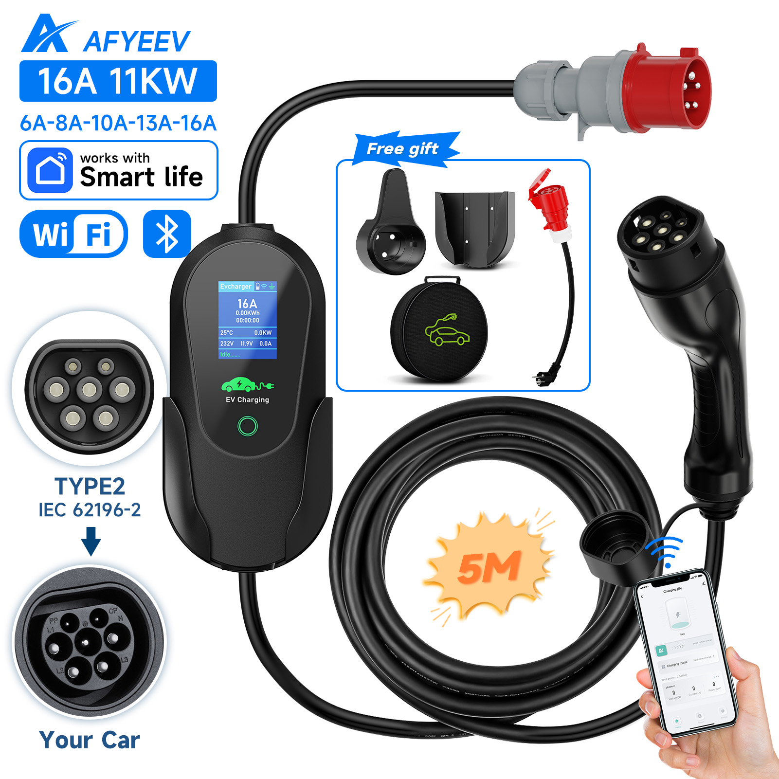 AFYEEV Type2 ポータブル EV 充電器 11KW 16A 3 相 GBT 電気自動車充電器 Wi-Fi アプリ Bluetooth バージョンリモコン CEE プラグ